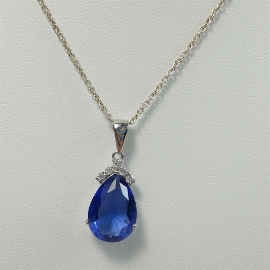 925 Italy Sterling Silver CZ & Blue Teardrop Stone Chain Necklace 18"
