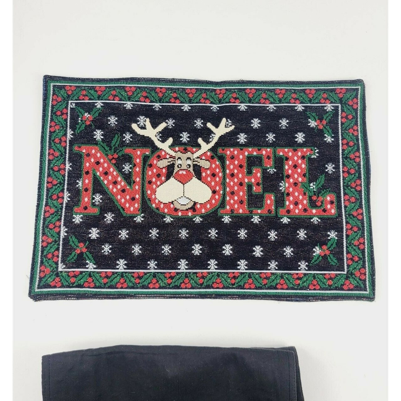 4 Tapestry Noel Reindeer Sparkly Woven Placemats Vintage Black