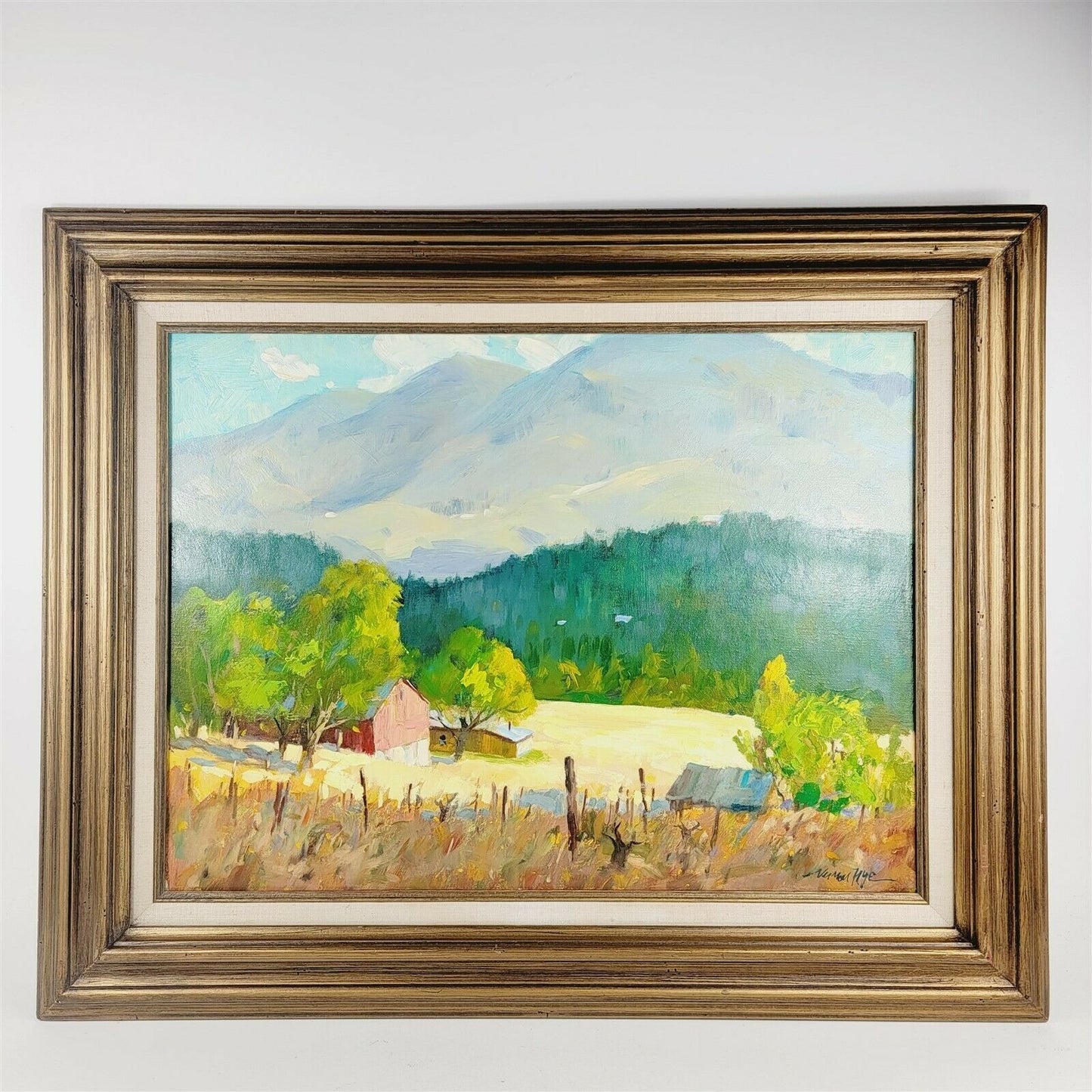 Vintage Landscape Oil Painting by Vernon Nye Red Barn Farm Field Forest Mountain