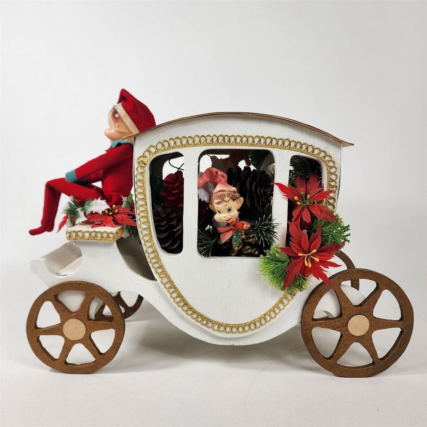Vintage Handmade Wood Christmas Carriage w/ Elves Pinecones Poinsettias