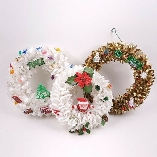 3 Vintage Handmade Christmas Wreaths Six Pack Rings Craft Santa Seasons Greeting