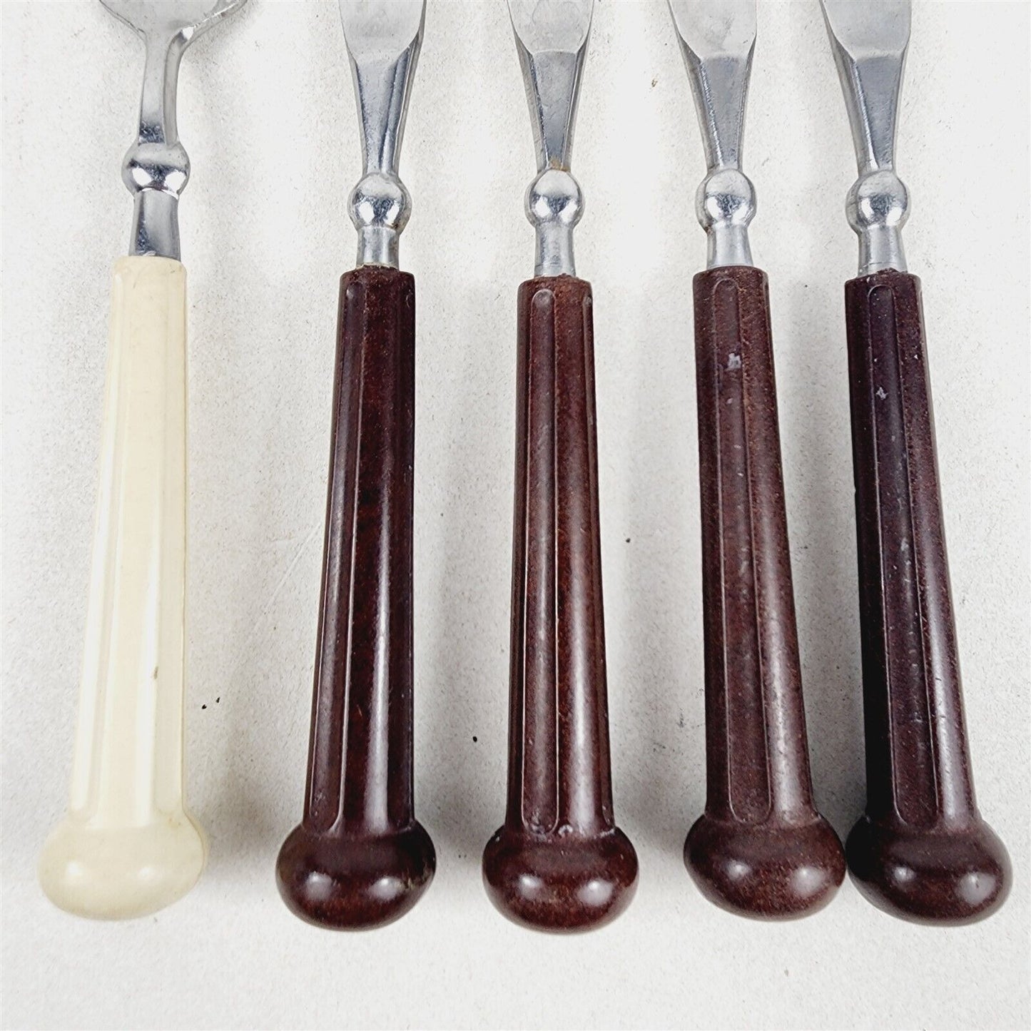 5 Pieces Vintage Oxford Hall Flatware Brown Cream Knife Fork Plastic Handle