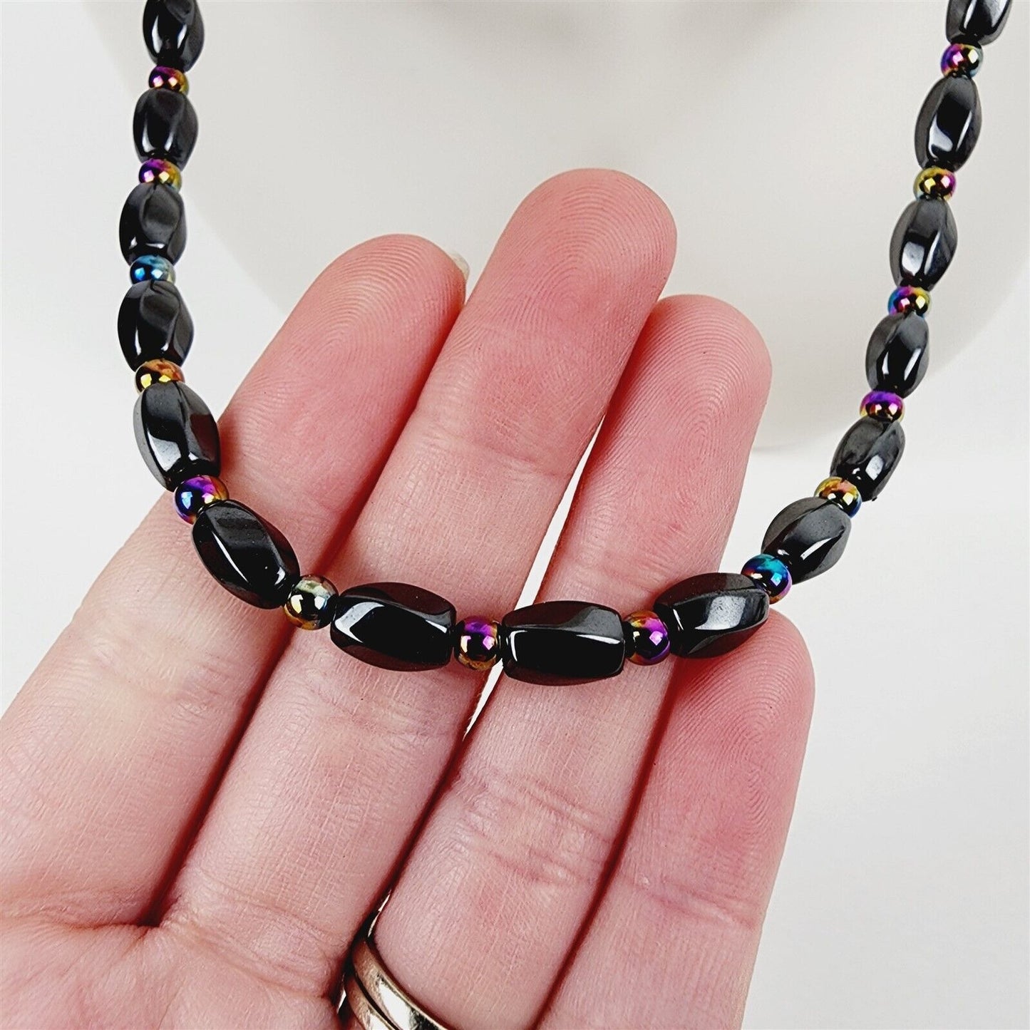 Black & Silver Short Chunky Twist Magnetic Beaded Necklace Therapeutic Handmade