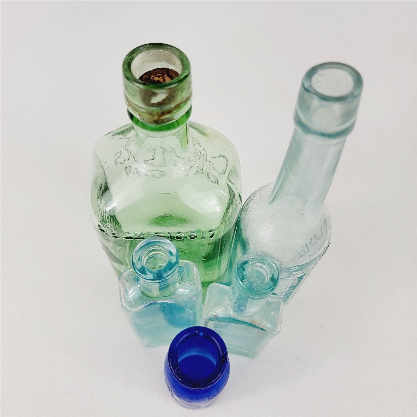 5 Vintage Glass Medicine Liquor Bottles Florida Water Dry Gin Bromo Cobalt
