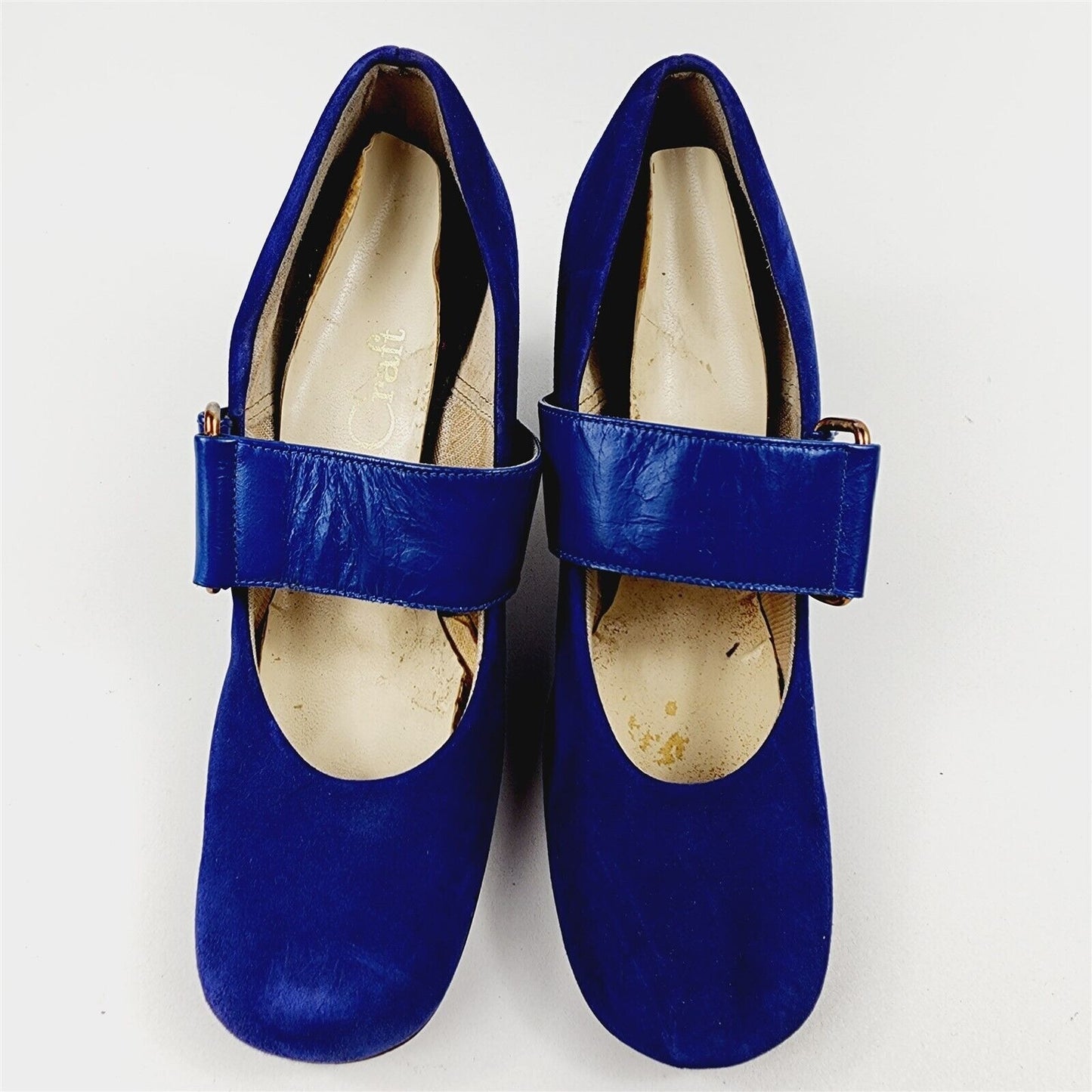 Vintage 1960s Quali Craft Blue Suede Leather Mary Jane Asymmetric Block Heels