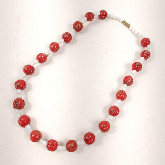 Vintage Red & White Handmade Handmade Glass Trade Bead Necklace 19"