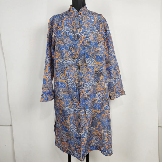 Vintage 1930s Marshall Field & Co Silk Robe Blue & Yellow Floral Frog Closure