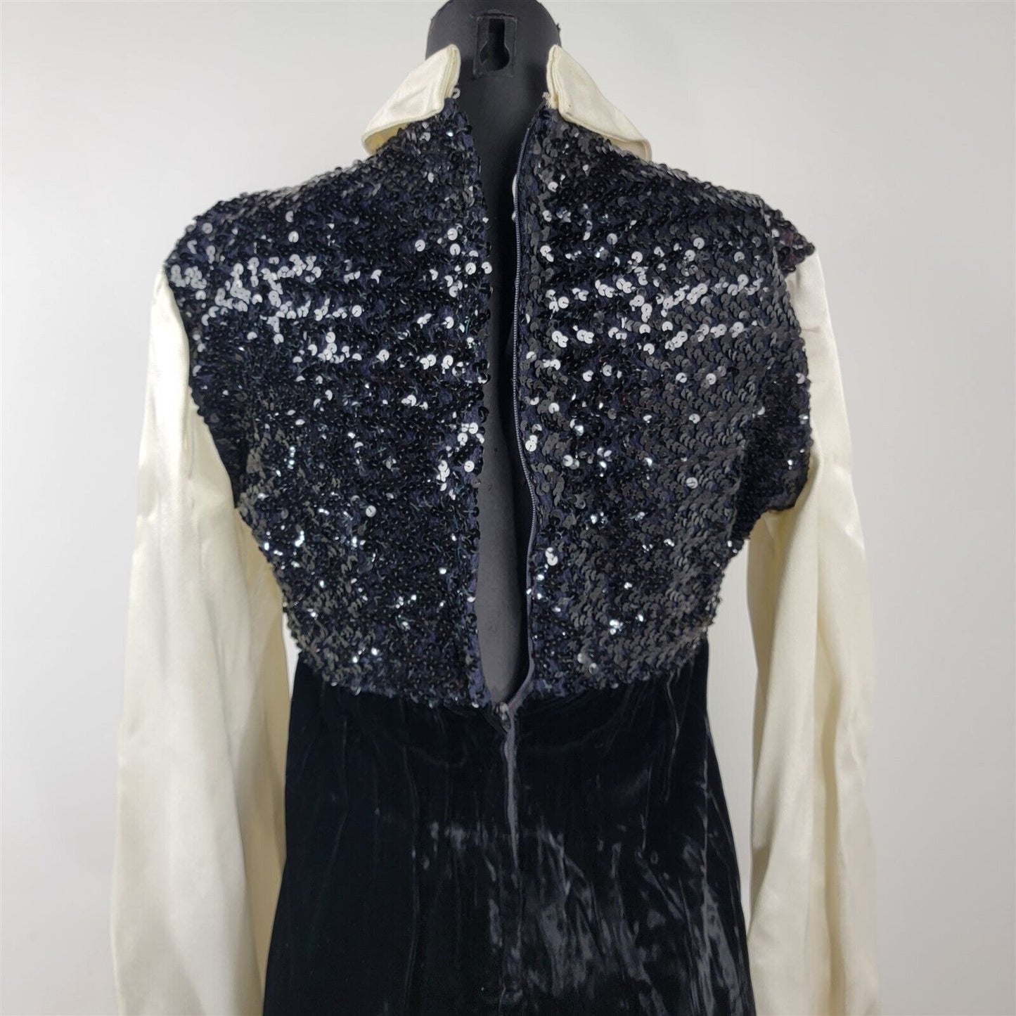 Vintage 1970s Long Velvet Sequin Gown Dress Long Sleeved & Collared