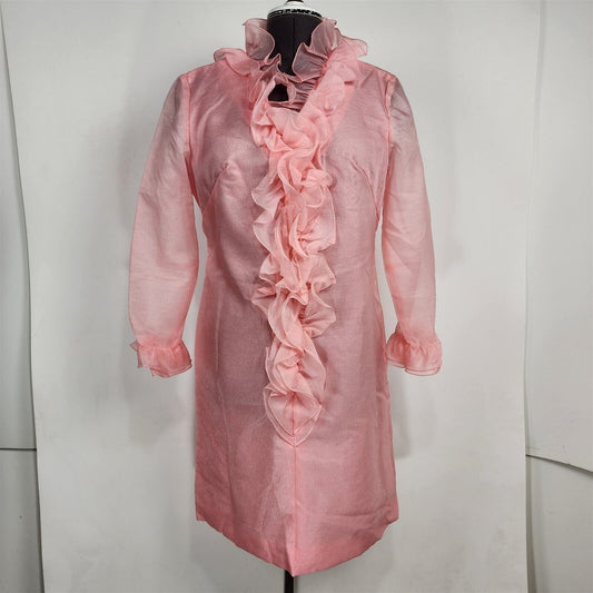 Vintage 1970s Pink Chiffon Ruffle Long Sheer Sleeve Dress Volup