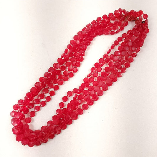 Vintage Red Lucite Plastic Flapper Length Necklace 3 Strand Layered Beaded