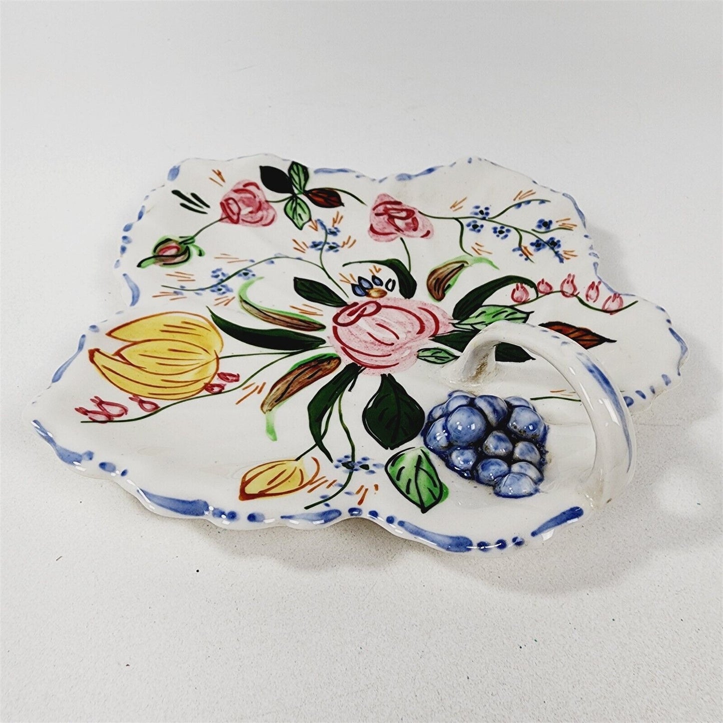 Vintage Blue Ridge Leaf Tray with Handle Rose Tulip Southern Potteries