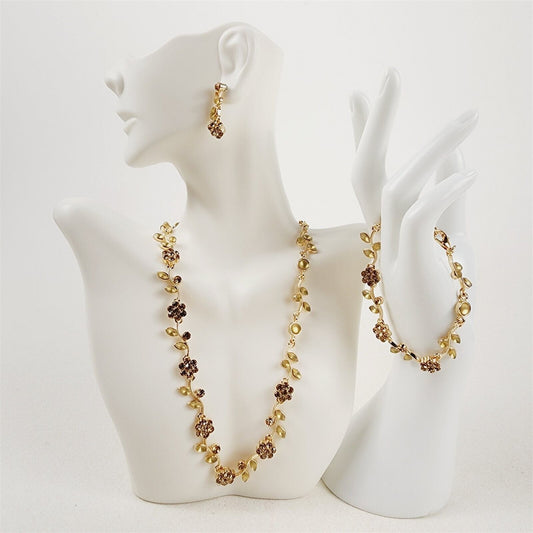 Gold Tone Flower Leaf Cluster Rhinestone Necklace Jewelry Set