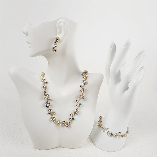 Flower Leaf Cluster Rhinestone Necklace Jewelry Set Gold Tone