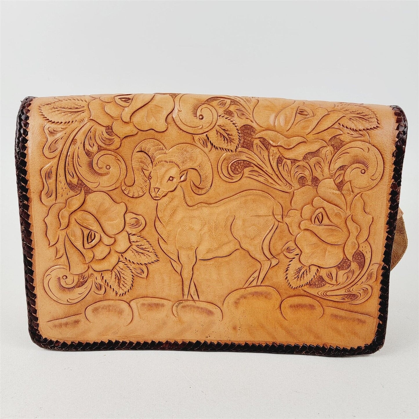 Vintage Hand Tooled Floral Leather Handbag Shoulder Bag Alaska Bighorn Sheep