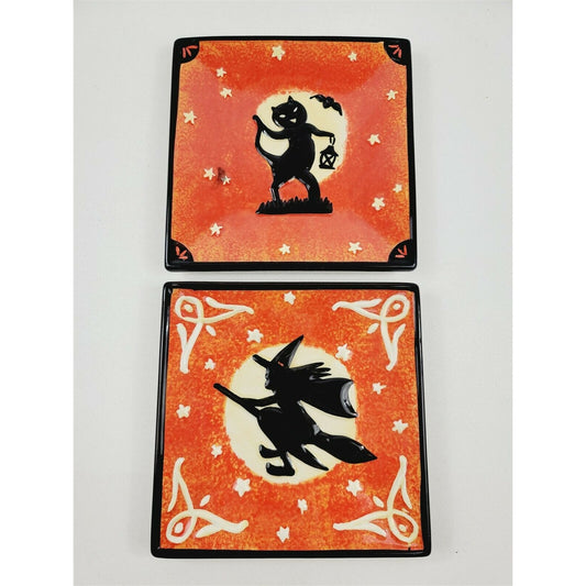 2 Vintage Handpainted Halloween Square Plates Witch Riding Broom Black Cat 6"