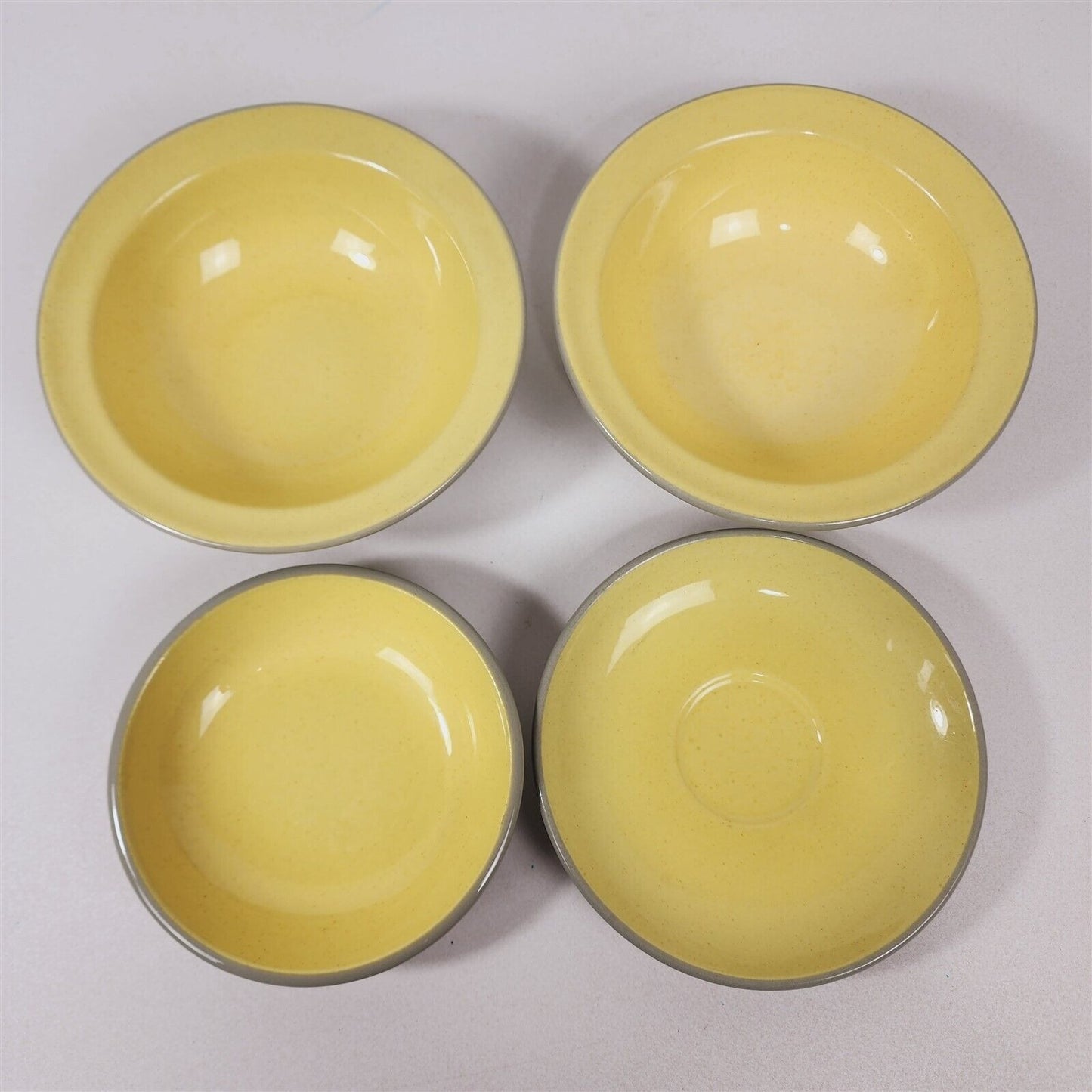 4 Pcs Vintage Harkerware Stoneware Speckled Yellow Gray Cereal Berry Bowl Saucer