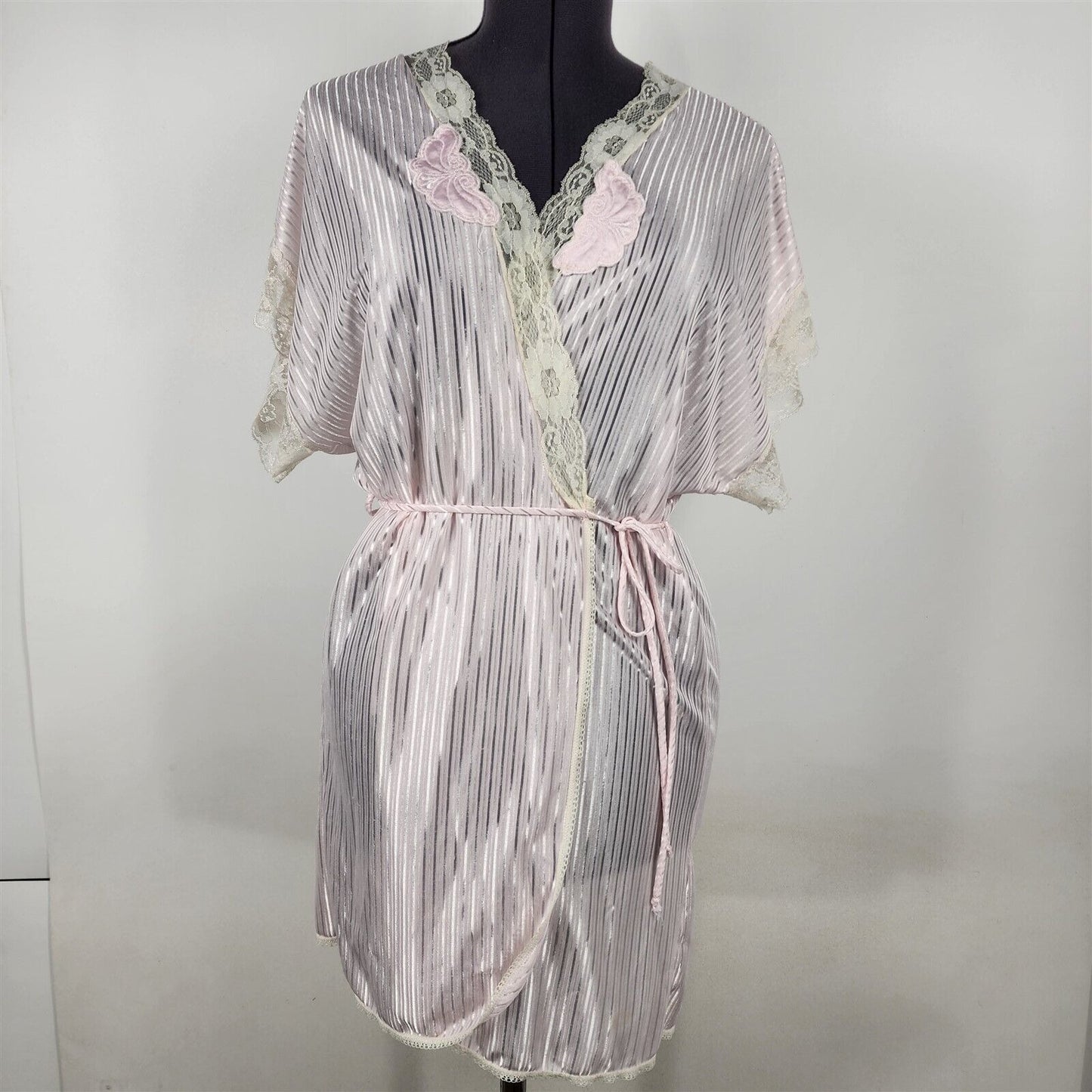 Vintage Tradition Sears Peignoir Light Pink Lace Striped Short Sleeve Robe Sz L