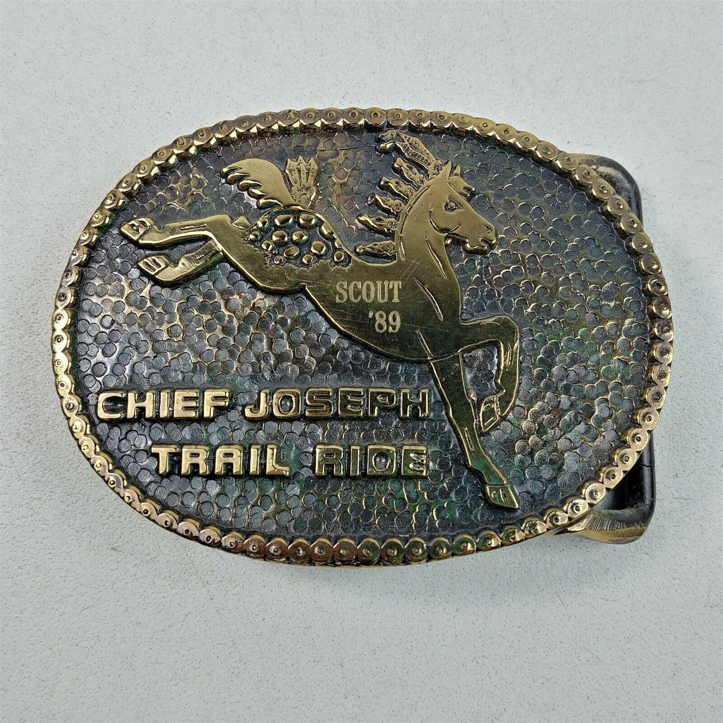 Montana Centennial Scout Ride 1989 Chief Joseph Brass Belt Buckle BJB