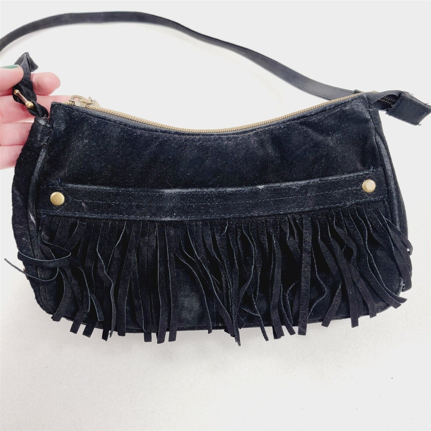 Vintage Frankie & Johnnie Black Leather Suded Purse Clutch Handbag Fringe Hippie