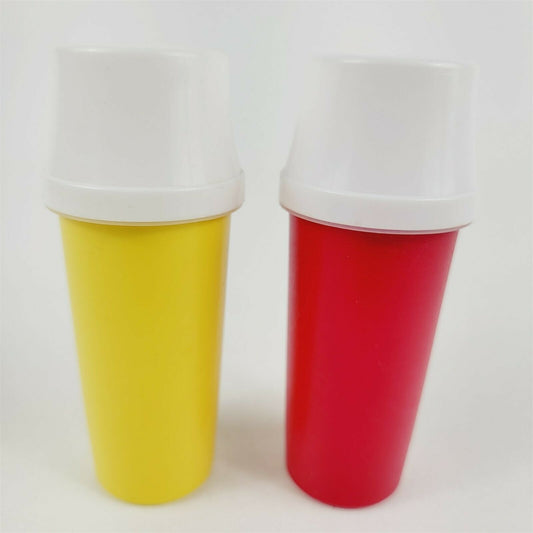 2 Vintage Tupperware 13229 Conidment Pump Dispensers Ketchup Mustard Red Yellow