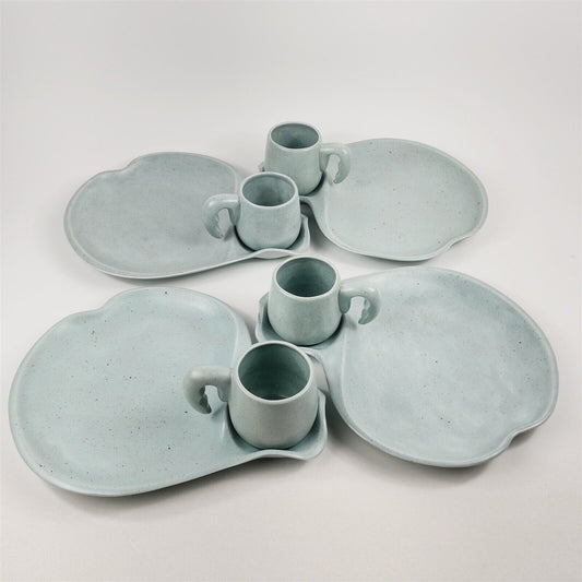 8 Pc Vintage Ceramic MCM Snack Set Speckled Pastel Teal Sea Green Cups Trays
