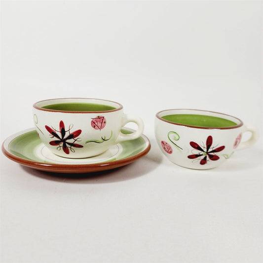Vintage Stangl Pottery Carnival 2 Teacups & 1 Saucer Green Abstract Whimsical
