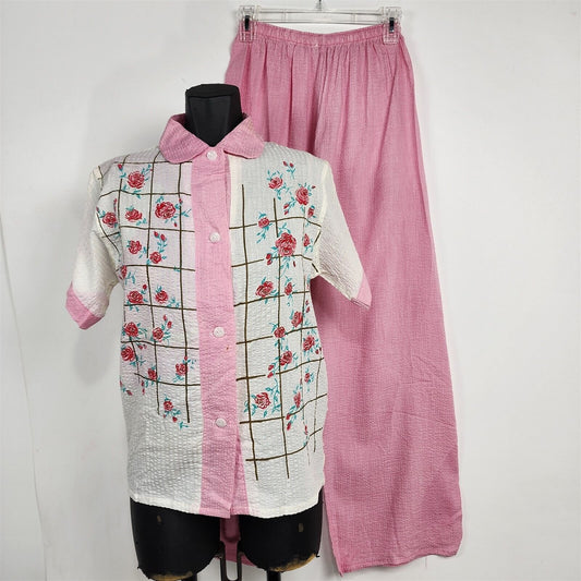 Vintage 1950s Carol Brent Lingerie Pink & White Top & Pants Pajama PJ Set