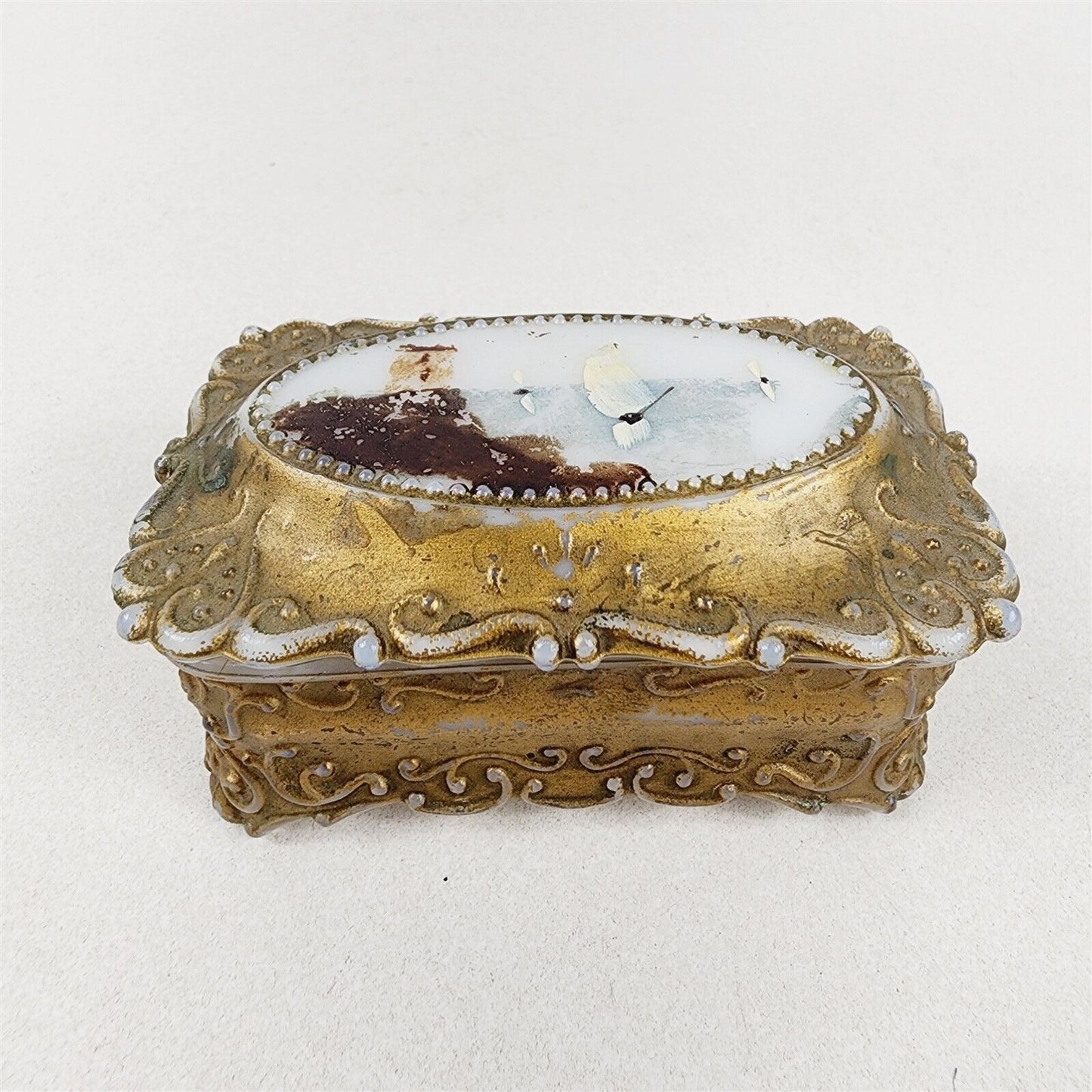 Vintage Milk Glass Trinket Box Painted Gold - Lid Painted with Ships Harbor
