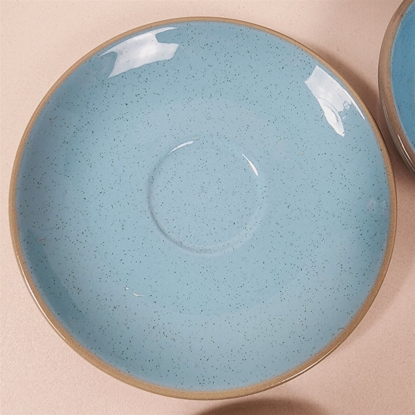 8 Pc Set Vintage Harkerware Stoneware Speckled Blue Gray Cups Plates Bowls