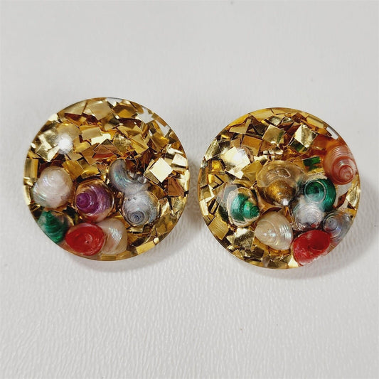 Vintage Round Thermoset Lucite Gold Confetti Shells Clip On Earrings