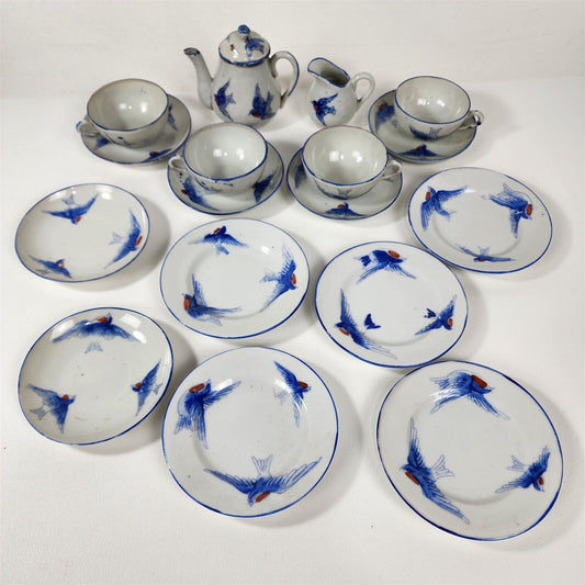 Vintage 17 Piece Ceramic Childs Tea Set Dishes Blue Birds Japan