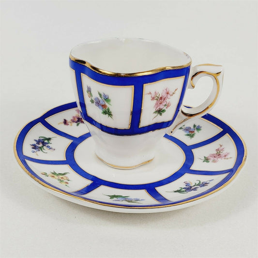 Hong Sheng Blue Sectioned Pink Blue Floral Decorative Tea Cup & Saucer Gold Trim