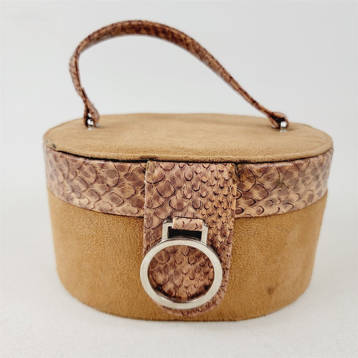 Vintage Box Purse Makeup Bag Faux Suede & Faux Snake Skin w/ Snap Clasp