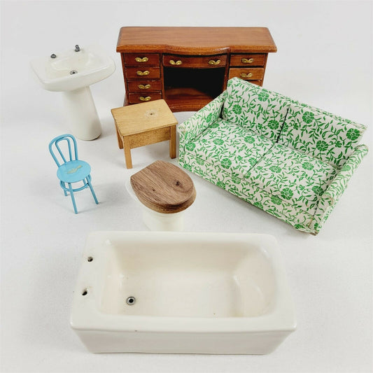 Vintage Miniature Doll House Furniture Porcelain Sink Tub Toilet Wood Dresser