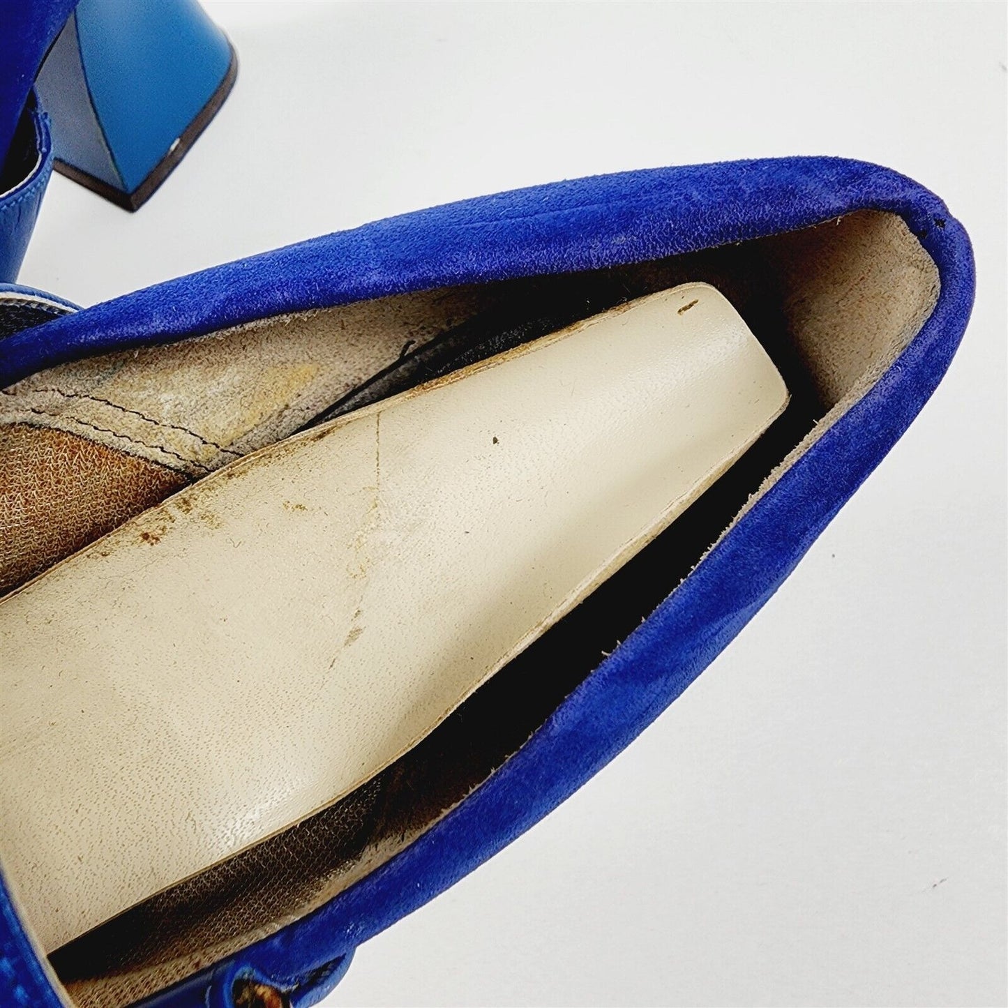 Vintage 1960s Quali Craft Blue Suede Leather Mary Jane Asymmetric Block Heels