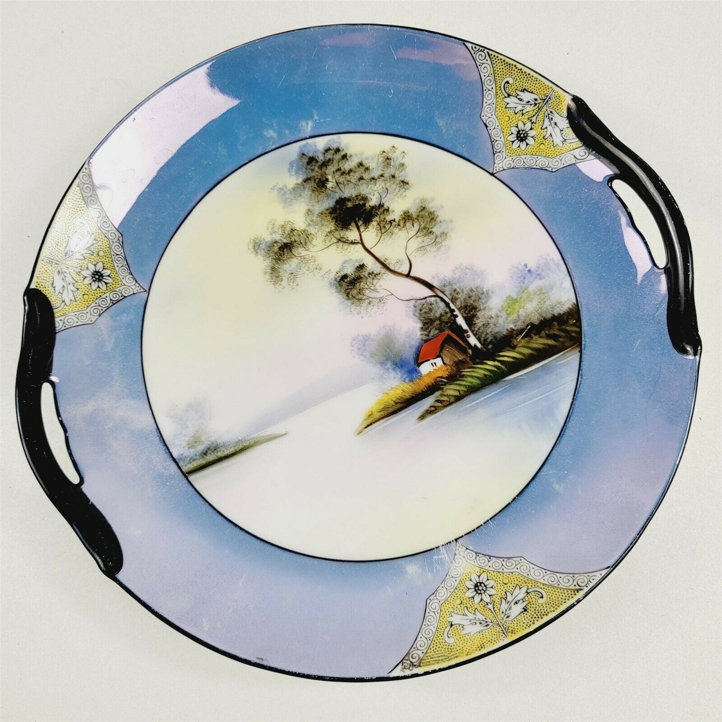 Noritake Handled Cake Plate Hand Painted Landscape House on the River Japan