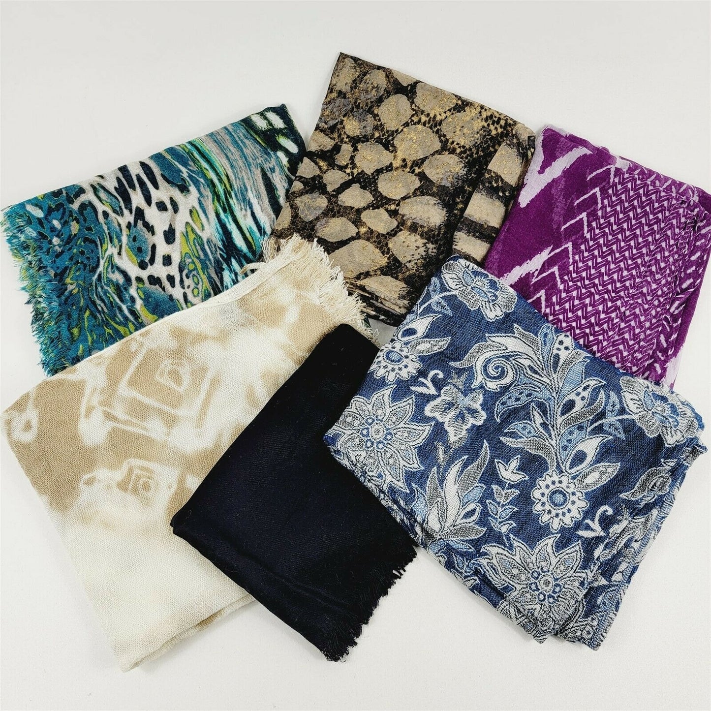 6 Multi-Color Fringe Scarves Shawls Blue Floral, Solid Black, Beige, Purple