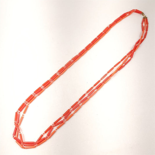 Vintage Orange Lucite Plastic Flapper Length Necklace 3 Strand Layered Beaded