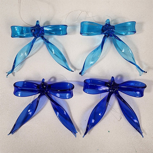4 Art Glass Ribbons Bows Handmade Ornaments 2 Light Blue 2 Dark Blue