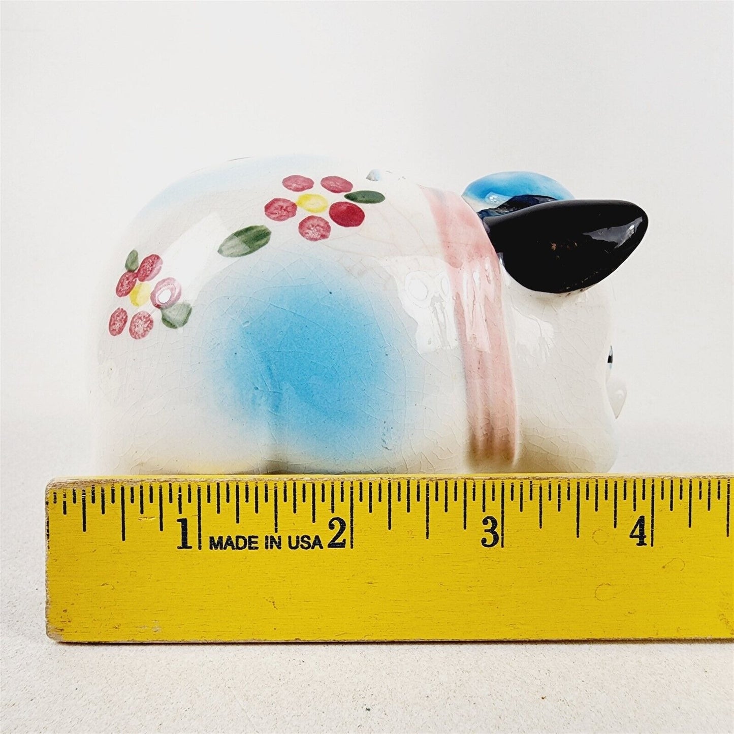 Vintage Ceramic Floral Pig with Hat & Scarf Piggy Bank Blue Pink Japan