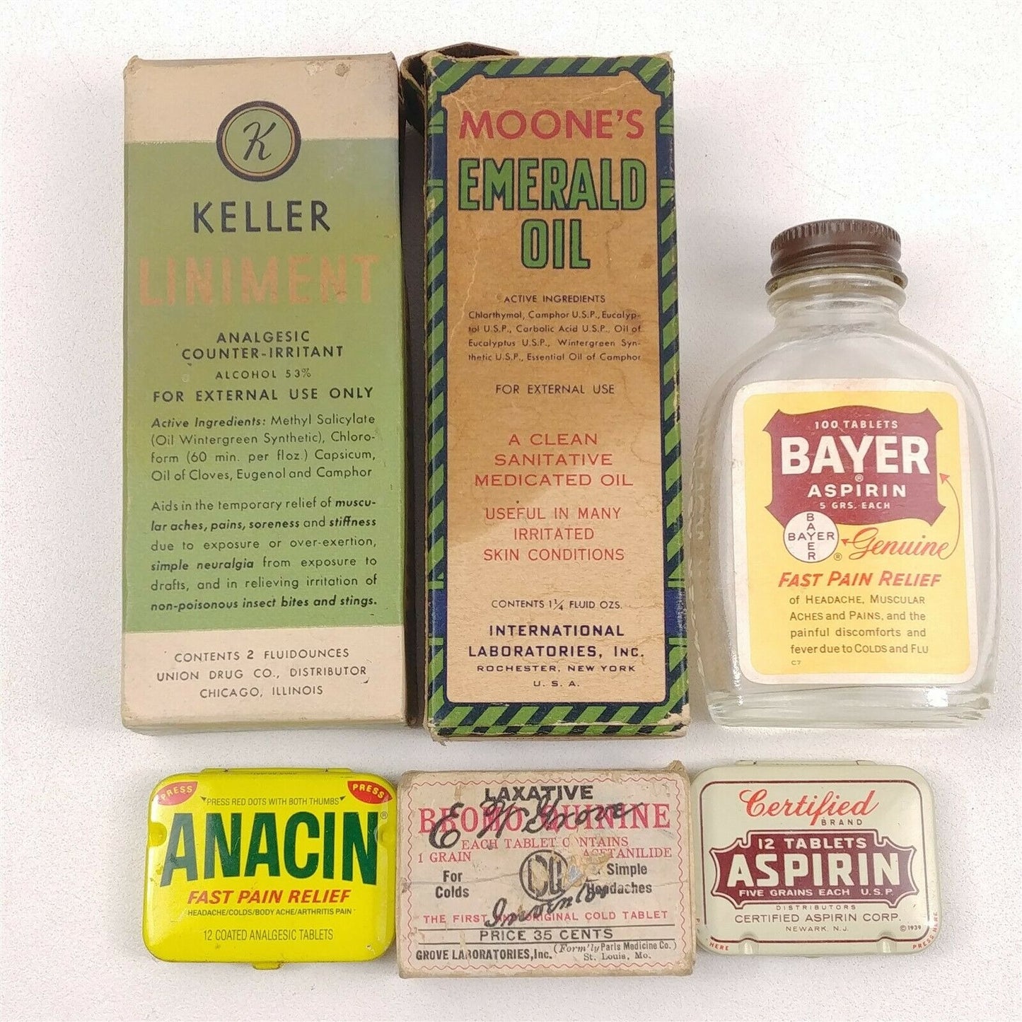 6 Pain Relief Vintage Lot - Bayer, Anacin, EW Grove, Certified, Moone's & Keller