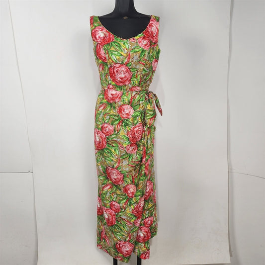Vintage 1970s Tori Richard Honolulu Green & Pink Floral Hawaiian Maxi Wrap Dress