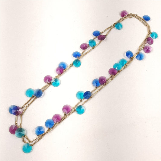 Vintage Blue Aqua Purple Lucite Plastic Flapper Length Necklace Chain Disc Charm