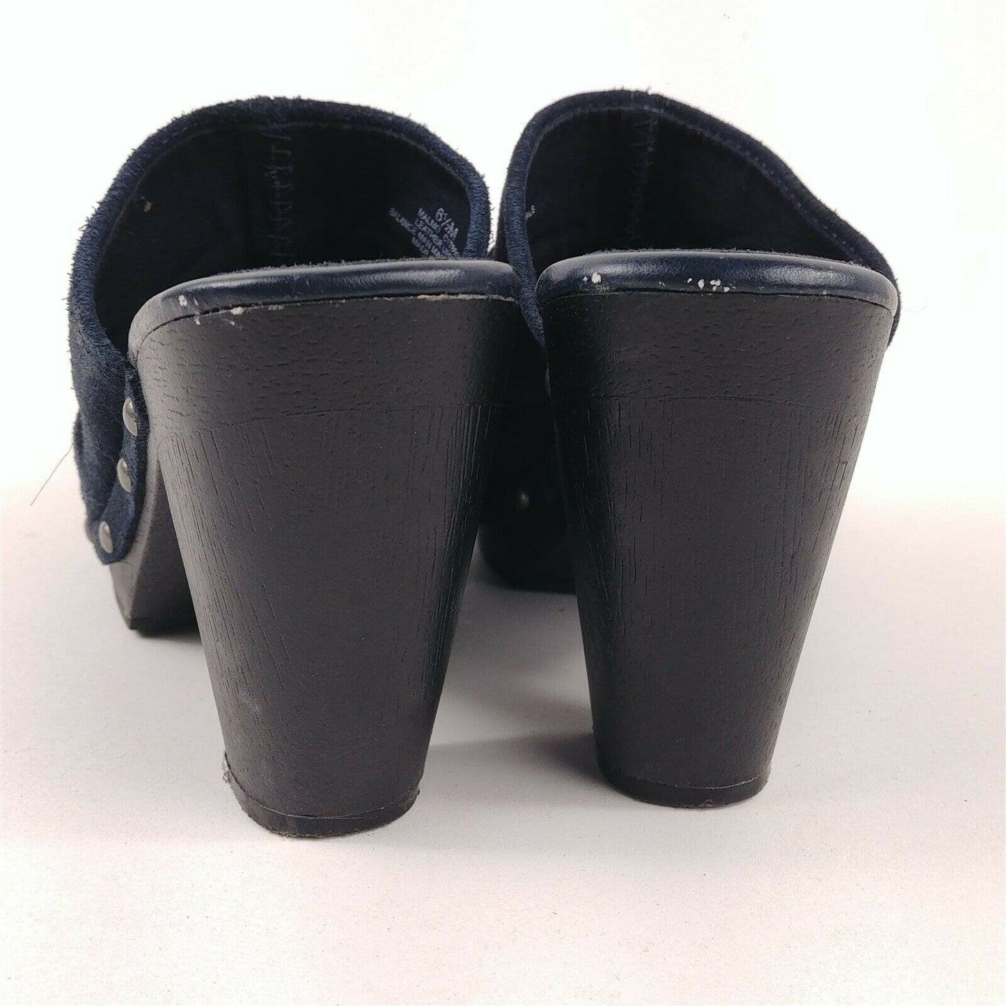 Mia Clogs Black Seude 2 1/2" Block Heel Rouched & Stud Detail Womens Size 6.5