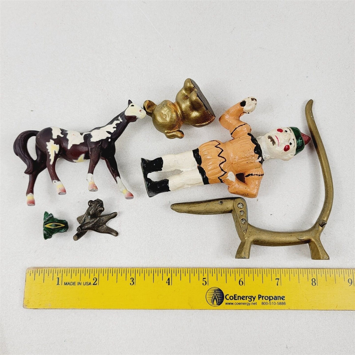 6 Pc Vintage Lot of Cast Iron Metal Figurines Animals Frog Dog Horse Clown Fish