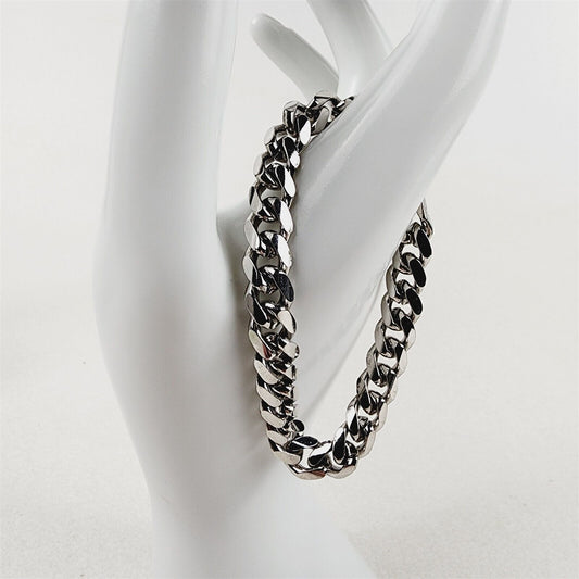 Rhodium Plated Bracelet Bevelled Curb 8mm Chain - 6 3/4"