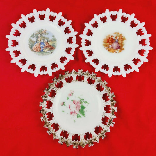 3 Vintage Milk Glass Plates Fleur De Lis Border Painted Floral Victorian