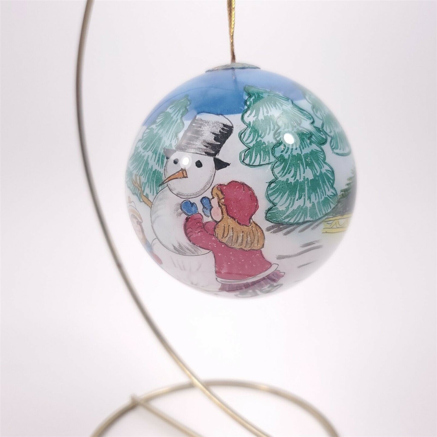 Kids Snowman Sled Reverse Hand Painted Christmas Tree Ornament 3" 1997