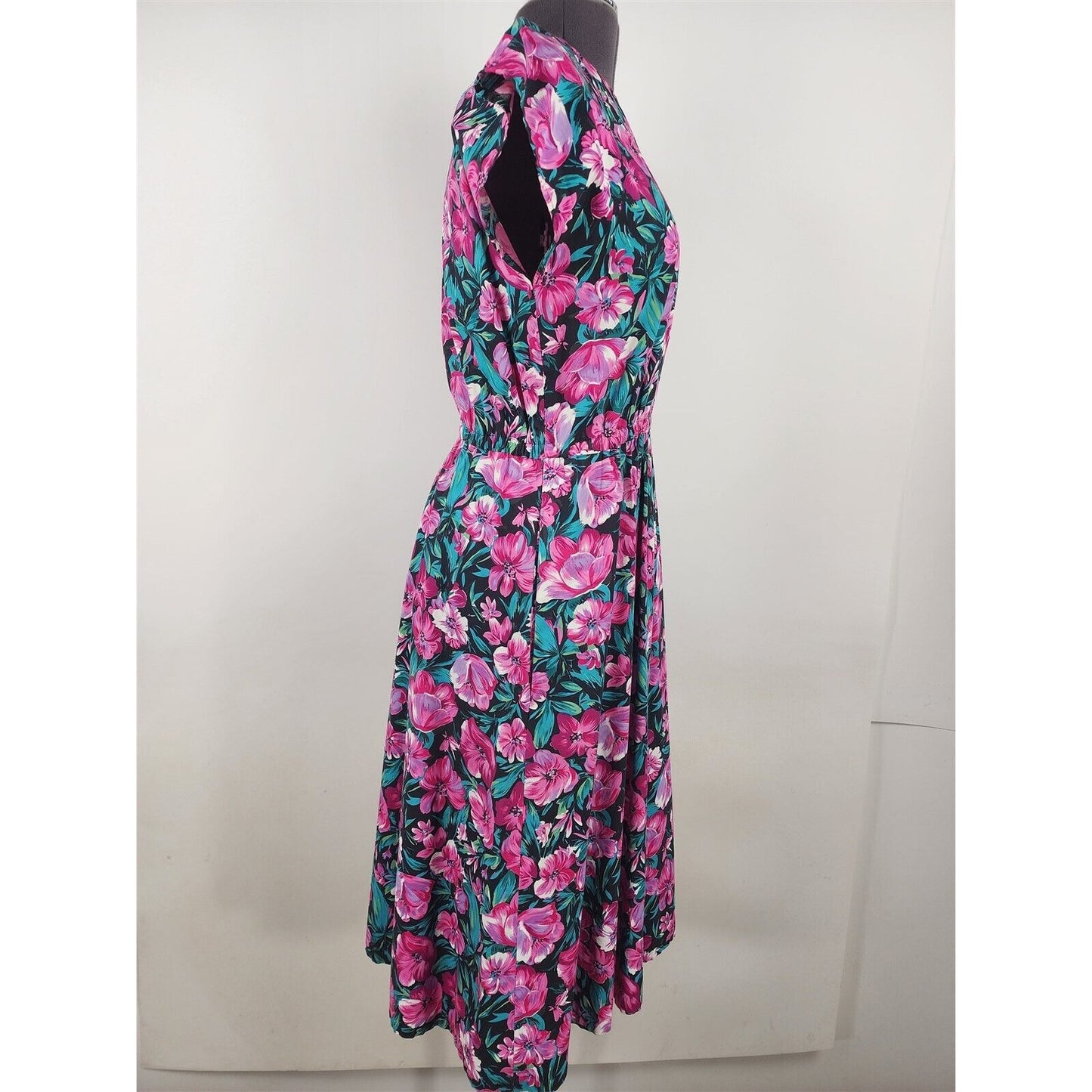 Vintage Handmade Pink Black Floral Dress Short Sleeve Womens M