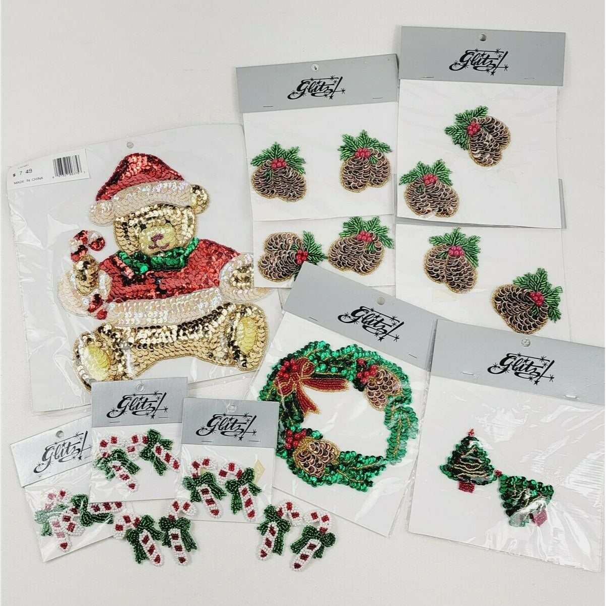 Glitz Applique Lot Teddy Bear Wreath Candy Cane Tree Christmas Holiday Sew Craft